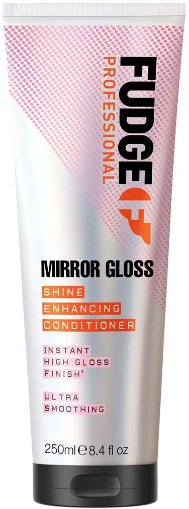 Een tube spiegelglans conditioner met roze en witte ontwerp, gelabeld voor glans, gladmakend en haarverbeterend.