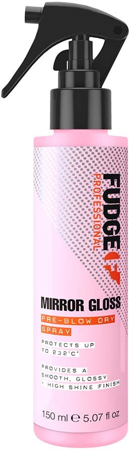Een roze sprayfles met Mirror Gloss voor pre-blow dry styling, beschermt tot 232°C, en geeft een glad, glanzend resultaat.