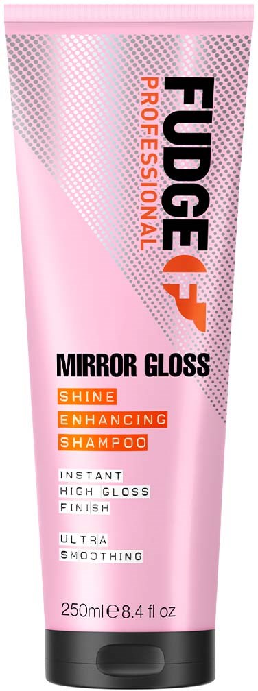 Roze tube van Fudge Professional Mirror Gloss Shine Enhancing Shampoo, 250ml, voor glanzend en glad haar.
