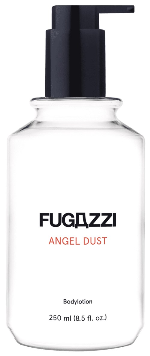 A clear body lotion bottle with a black pump, labeled 'FUGAZZI ANGEL DUST' and 250 ml size.