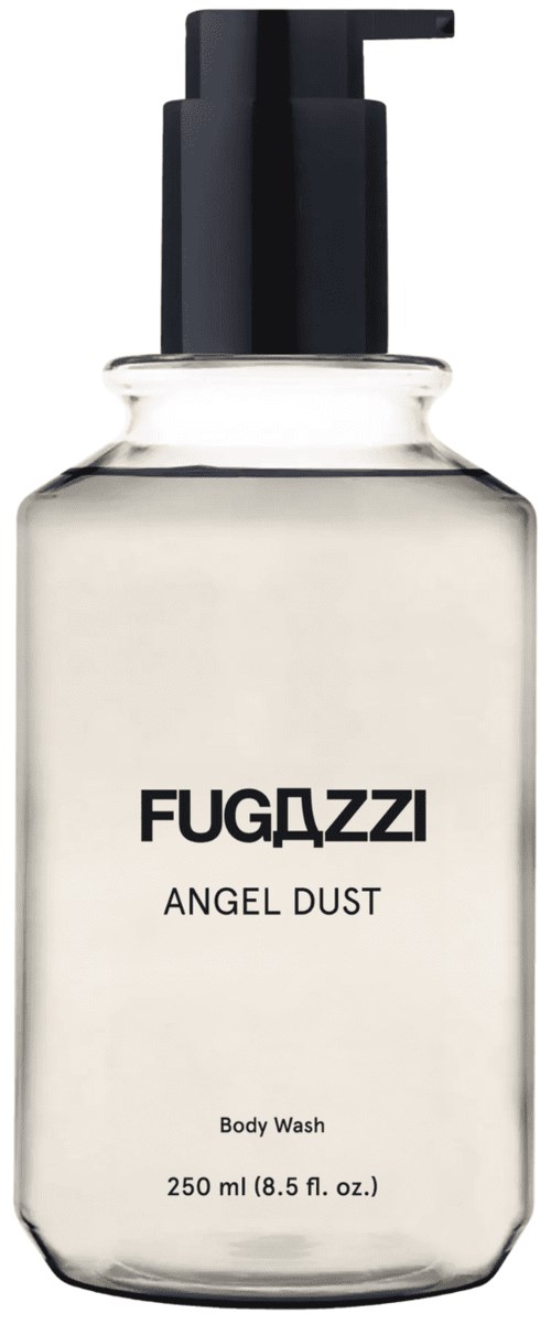 Eine klare Körperwaschflasche mit schwarzem Pumpverschluss, beschriftet 'FUGAZZI ANGEL DUST Body Wash', 250 ml.