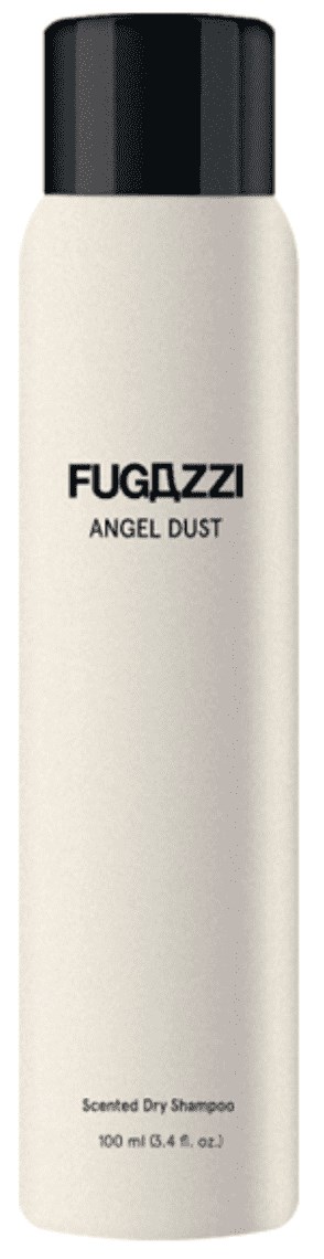 Weiße Flasche mit schwarzem Deckel, Beschriftung 'FUGAZZI ANGEL DUST, duftendes Trockenshampoo, 100ml'.
