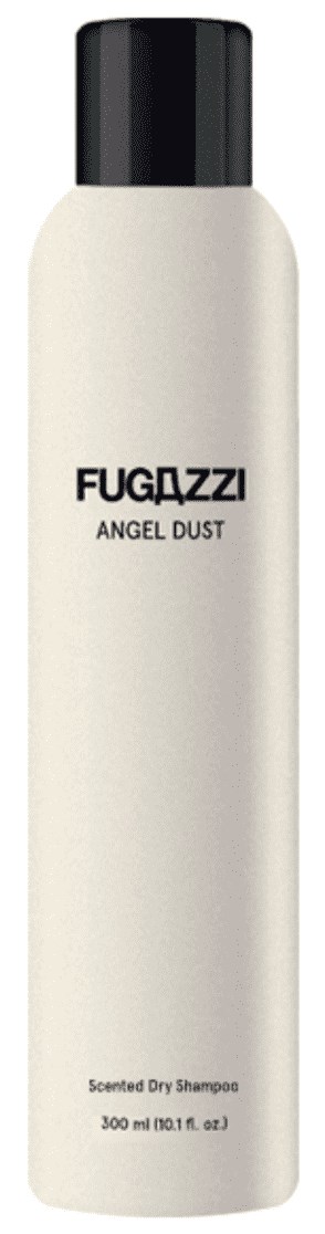 Lange weiße Flasche mit schwarzem Deckel, gekennzeichnet 'FUGAZZI Angel Dust' für Trockenshampoo, 300 ml.