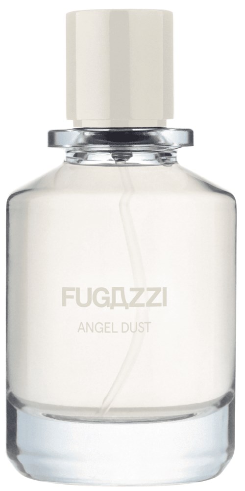 Eine klare Glasflasche mit weißem Deckel beschriftet 'FUGAZZI ANGEL DUST' enthält einen Duft oder Parfüm.