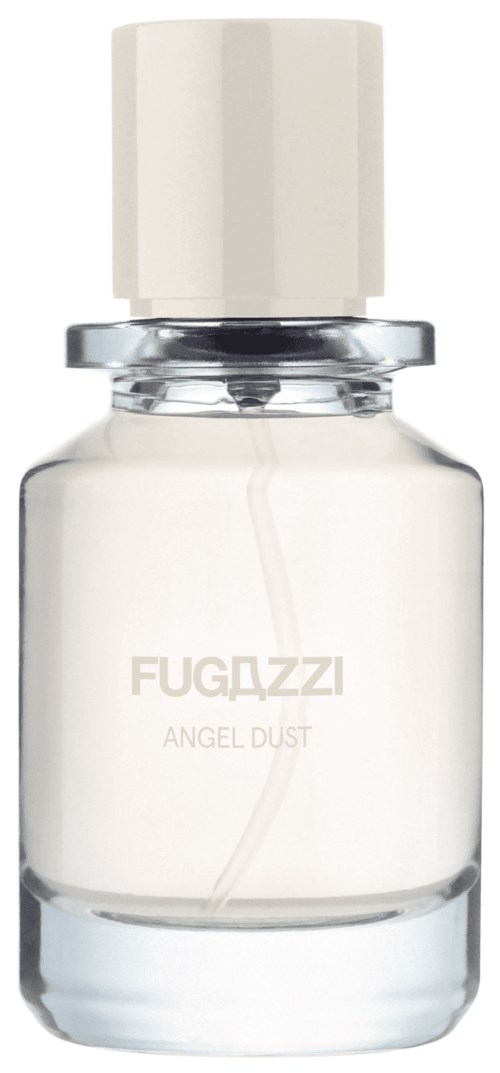Eine klare Glasflasche mit weißer Flüssigkeit, beschriftet 'FUGAZZI ANGEL DUST' und mit weißem Deckel.