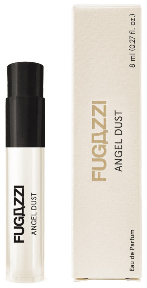 Eine kleine Roll-on-Parfümflasche mit der Beschriftung FUGAZZI Angel Dust neben ihrer Verpackung.