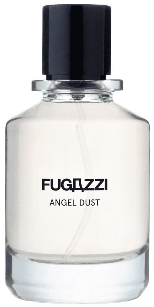 Läpinäkyvä lasipullo, jossa musta kansi ja etiketti "FUGDZZI ANGEL DUST."
