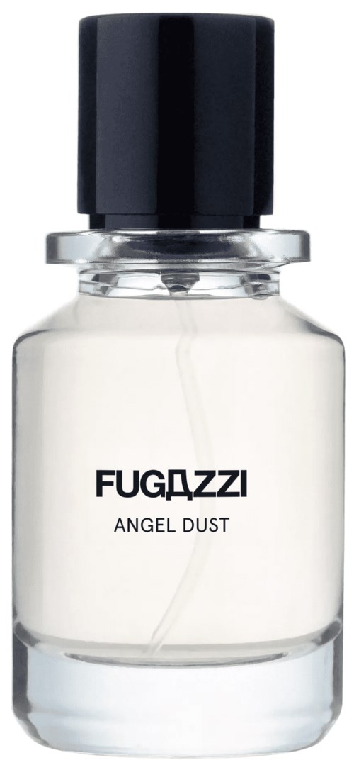 Kleine klare Flasche mit schwarzem Deckel, beschriftet FUGAZZI Angel Dust.