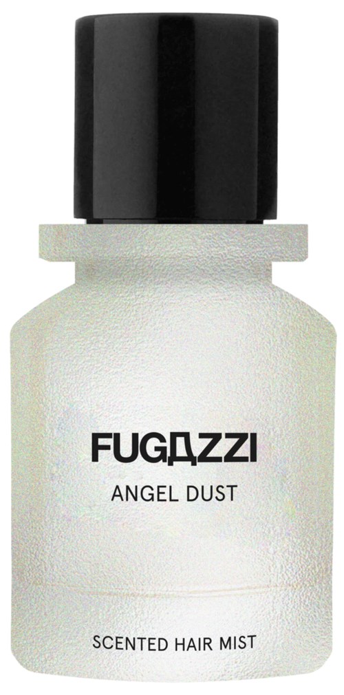 En vit flaska märkt 'FUGDZZI Angel Dust' och 'Scented Hair Mist' med svart lock.