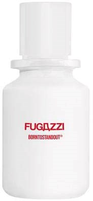 Eine weiße Flasche mit weißem Deckel, mit roten Text, der 'FUGAZZI' sagt, und kleineren Worten darunter.