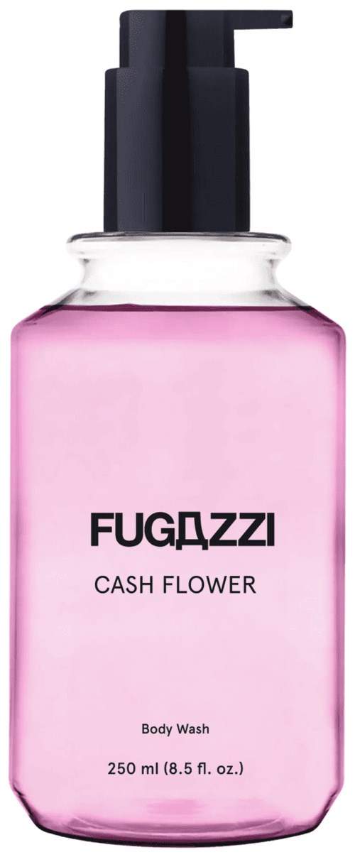 Pinke Body Wash Flasche mit schwarzem Pumpkopf, beschriftet 'FUGAZZI' und 'CASH FLOWER'.