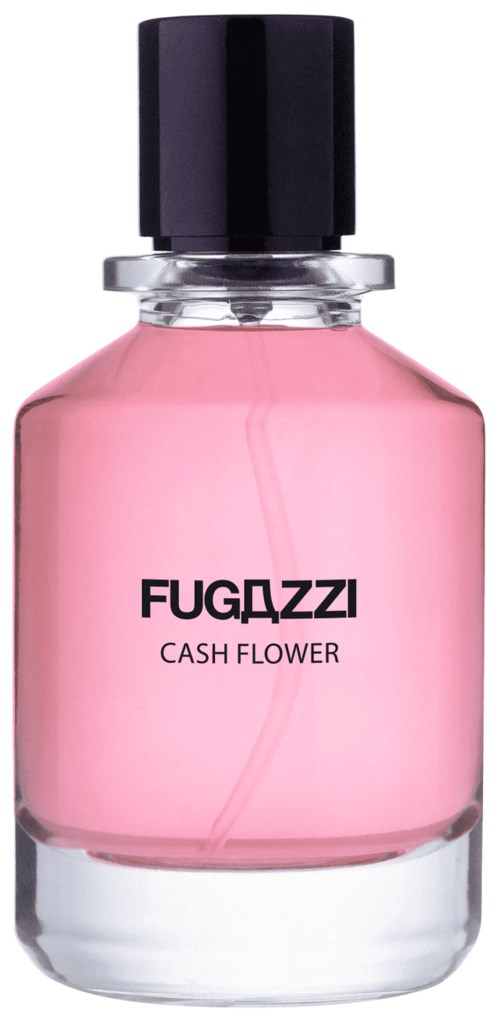 Rosa Parfümflasche mit schwarzem Deckel, beschriftet 'FUGDZZI CASH FLOWER'.