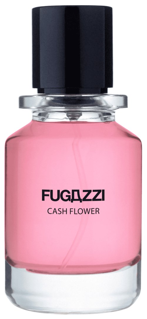 Pinke Parfümflasche mit schwarzem Deckel, beschriftet 'FUGAZZI CASH FLOWER'.