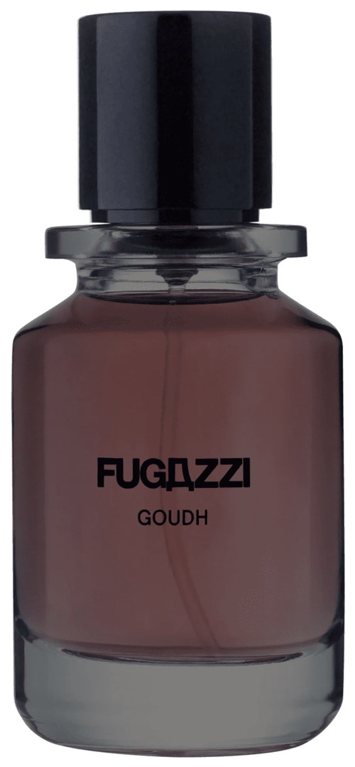 Eine kleine, braune Parfüfflasche mit schwarzem Deckel und der Aufschrift 'FUGAZZI GOUDH'.