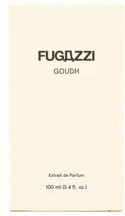 Ein Parfümverpackung mit der Aufschrift 'FUGAZZI GOUDH' und kleineren Texten 'Extrait de Parfum' und '100 ml'.