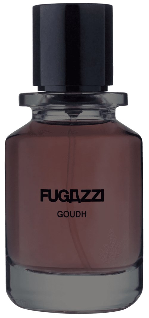 Kleine Glasflasche mit schwarzem Deckel, beschriftet 'FUGAZZI GOUDH' und mit brauner Flüssigkeit.
