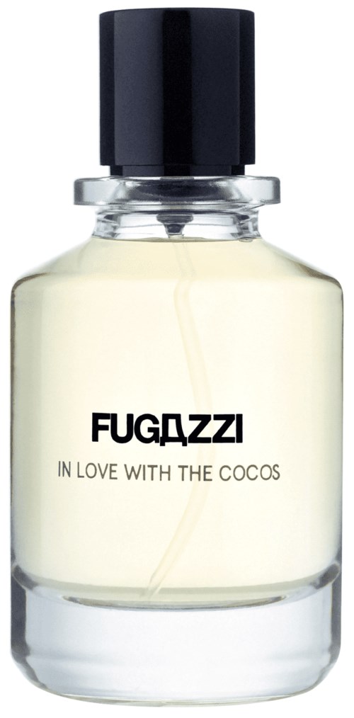 Ein Parfümflasche mit der Aufschrift "FUGAZZI IN LOVE WITH THE COCOS" und weißer Flüssigkeit und schwarzem Deckel.