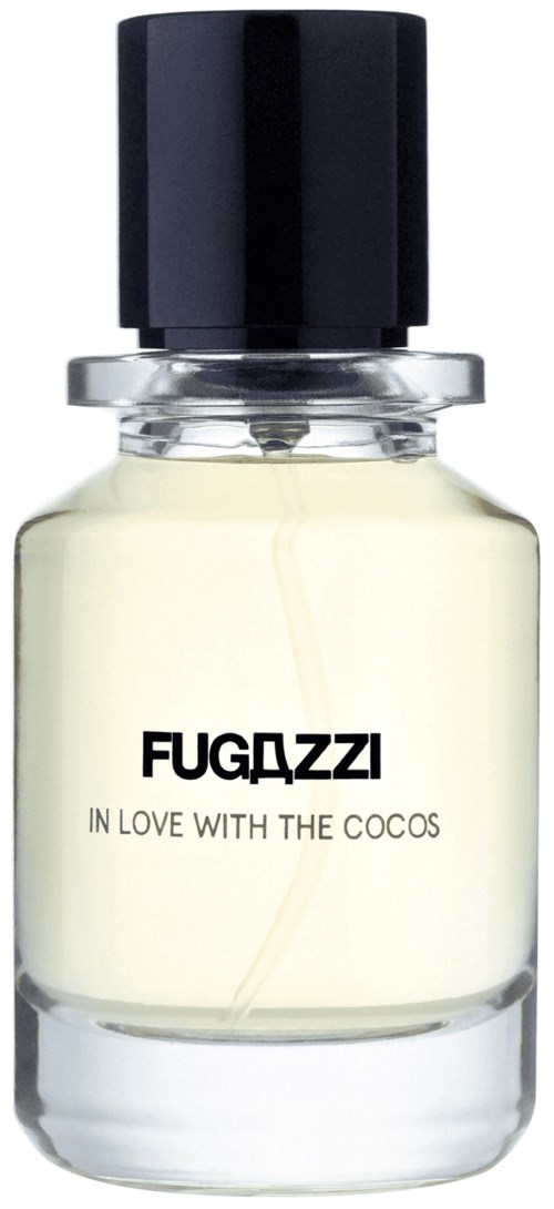 Kleine Parfümflasche mit schwarzem Deckel, klarem Glas und weißer Flüssigkeit. Das Etikett sagt "FUGAZZI" und "IN LOVE WITH THE COCOS."