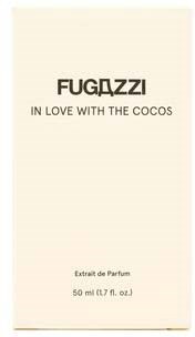 Ein Parfümkarton mit der Aufschrift 'FUGAZZI IN LOVE WITH THE COCOS', kleinem Text und 'Extrait de Parfum' am unteren Rand.