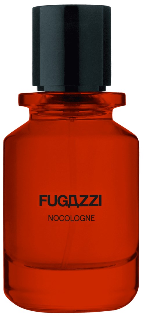 Rote Flasche mit schwarzem Deckel, beschriftet 'FUGAZZI NOCOLOGNE' in schwarzer Schrift.