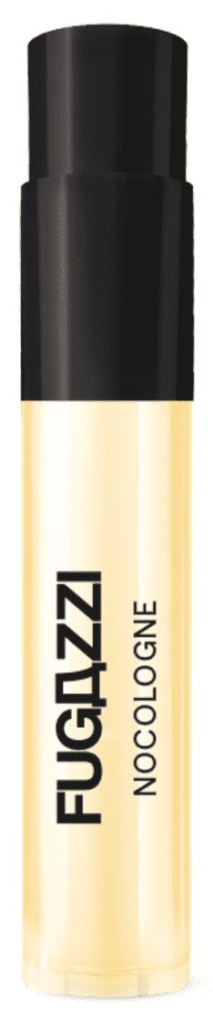 Kleine Sprühflasche mit 'FUGAZZI NOCOLOGNE'-Kennzeichnung, schwarzer Deckel und beige Flüssigkeit.