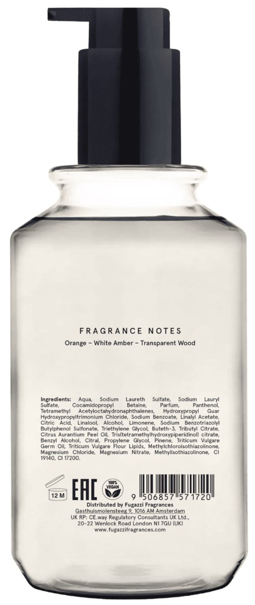 Eine klare Flasche mit schwarzem Pumpkopf, bezeichnet 'Fragrance Notes' mit Duft nach Orange, Weißem Bernstein und Transparentem Holz.