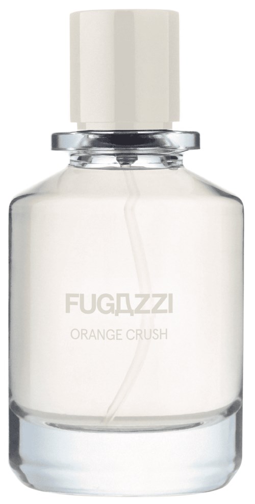 Ein Parfümflasche mit weißem Deckel und klarem Glas, zeigt einen weißen Inhalt, beschriftet 'FUGAZZI ORANGE CRUSH.'