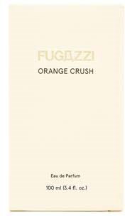 Ein helles Kästchen mit goldener und schwarzer Schrift. Es steht "FUGAZZI ORANGE CRUSH Eau de Parfum 100 ml."