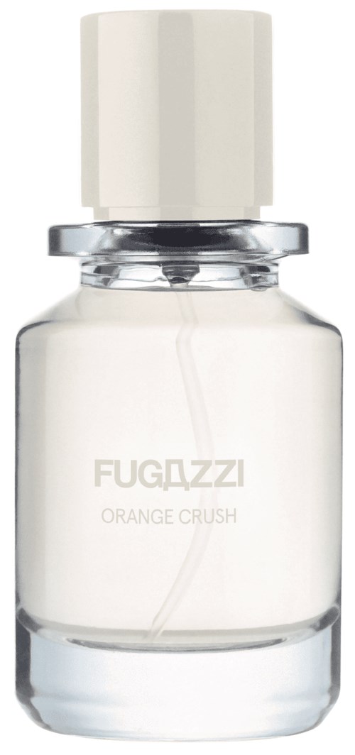 Kleine Glasflasche mit weißem Deckel, beschriftet "FUGAZZI ORANGE CRUSH".