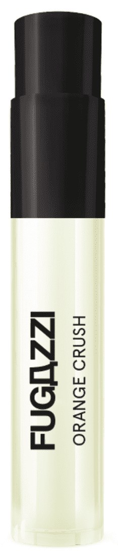 Kleine weiße Sprühflasche mit schwarzem Deckel, beschriftet 'FUGAZZI Orange Crush'.