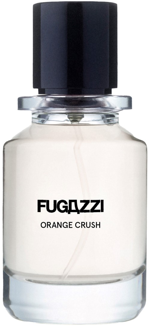 Eine kleine Parfümflasche mit der Aufschrift 'Fugazzi Orange Crush' und schwarzem Deckel. Der Inhalt ist klar oder hell.