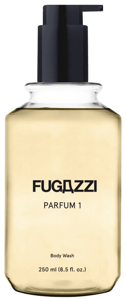 Eine klare Körperwaschflasche mit schwarzem Pumpkopf, etiketti 'FUGDZZI PARFUM 1' und enthält 250 ml Flüssigkeit.