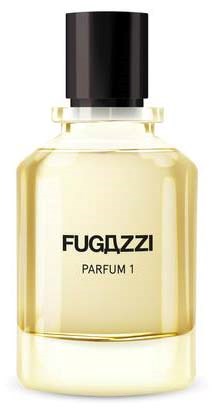 Ein Parfümflasche mit schwarzem Deckel, helles Getränk im Inneren, beschriftet "FUGAZZI PARFUM 1."