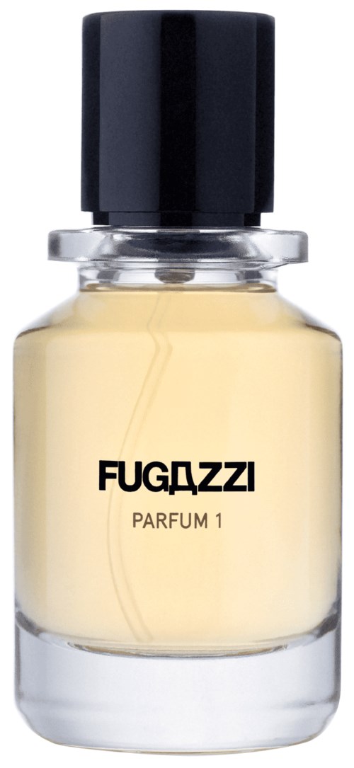 Kleine Glasflasche mit schwarzem Deckel und beigefarbener Flüssigkeit. Etikett sagt 'FUGAZZI PARFUM 1'.