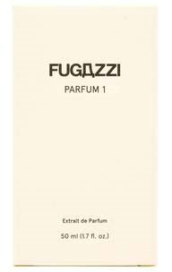 Ein Parfüm-Box in Beigefarbene, Text lautet FUGAZZI, PARFUM 1, und 50 ml.