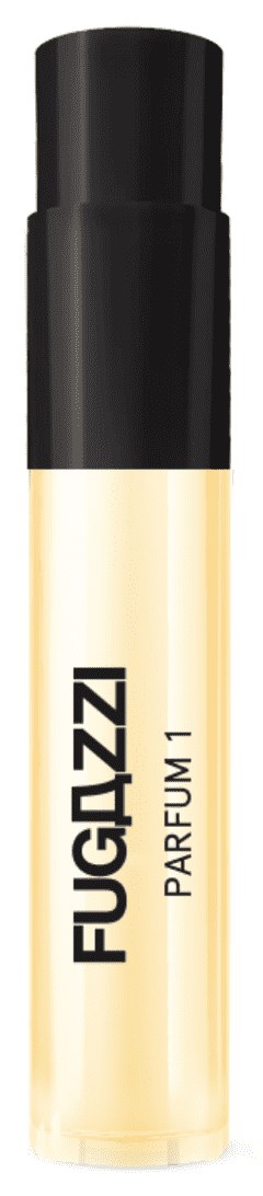Eine kleine Sprühflasche mit 'FUGAZZI PARFUM 1' beschriftet, schwarzer Deckel, cremefarben.