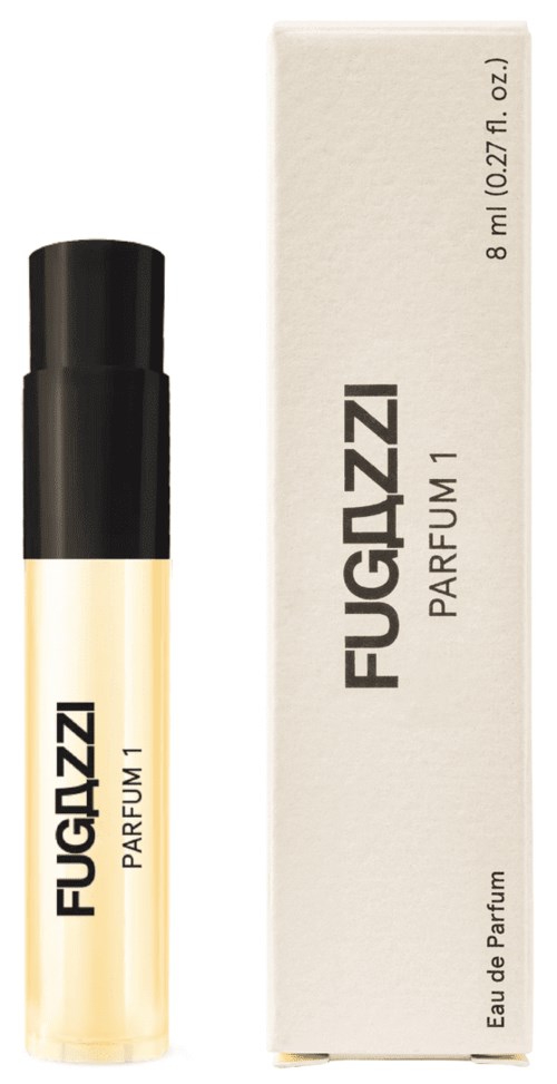 Kleine gelbe Parfümflasche mit schwarzem Deckel und weißer Schachtel, beschriftet 'FUGAZZI PARFUM 1'