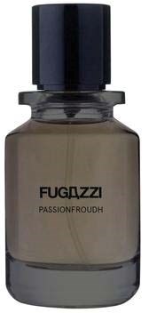 Eine kleine Parfümflasche mit schwarzem Deckel, beschriftet 'FUGAZZI PASSIONFROUDH.'