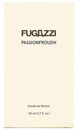 Fugazzi Passionfroudh Parfümverpackung, hauptsächlich weiß mit schwarzem Text und einfachem Design.