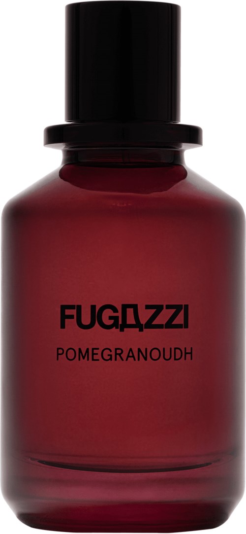 Dunkelrote Flasche mit schwarzem Deckel, beschriftet FUGDZZI POMEGRANOUH, sieht aus wie ein Parfüm oder Kosmetikprodukt.