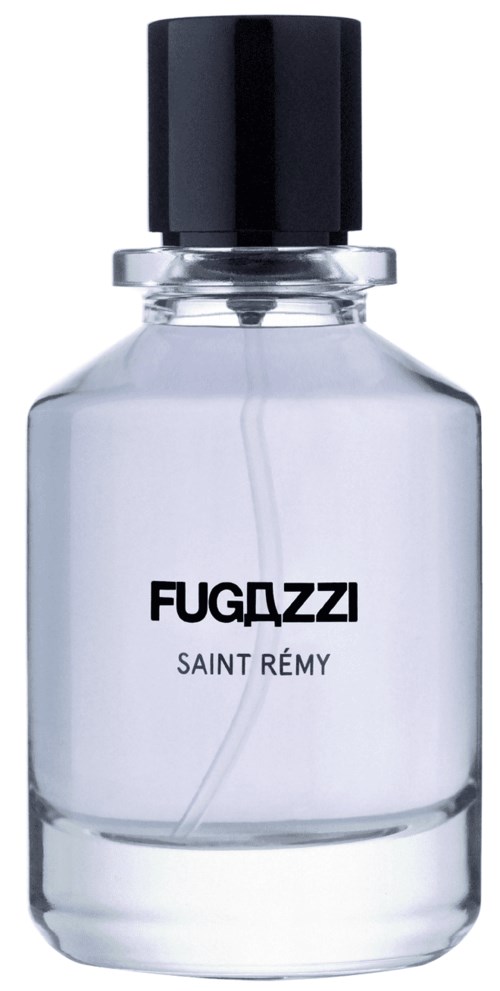 Eine klare Parfümflasche mit schwarzem Deckel, beschriftet mit FUGAZZI SAINT REMY.