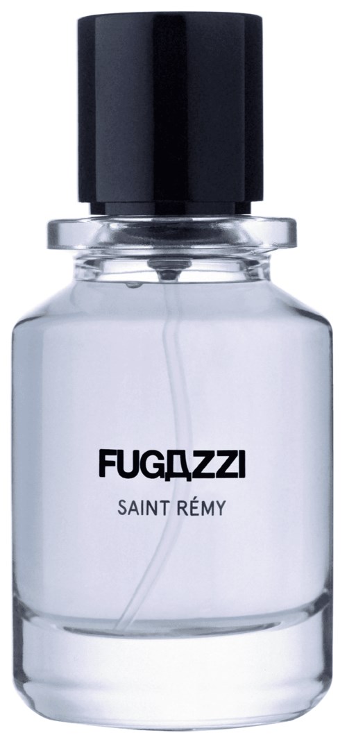 Eine klare Glasflasche mit schwarzem Deckel, beschriftet mit FUGAZZI SAINT REMY, wahrscheinlich Parfüm oder Eau de Cologne.
