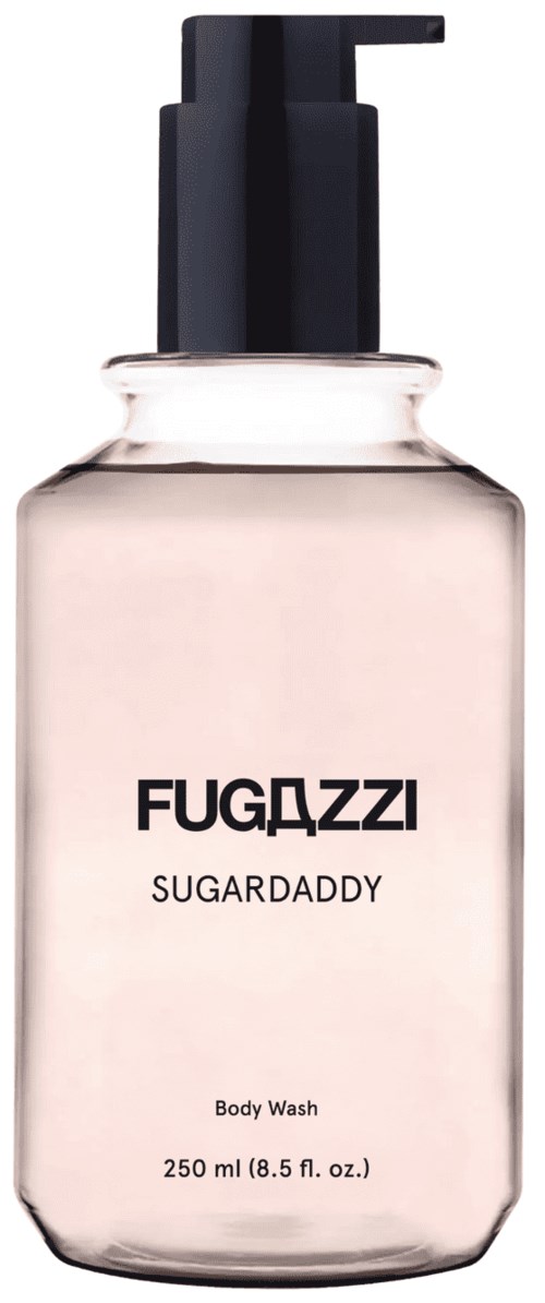 Körperwäsche in transparentem Flasche mit schwarzer Pumpe und Etikett 'FUGAZZI SUGARDADDY'.