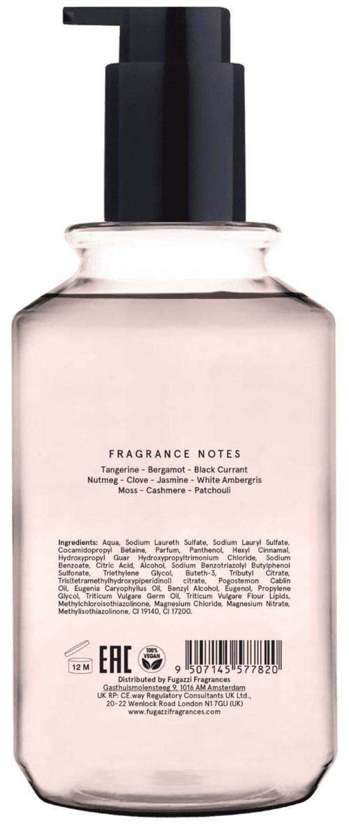 Eine klare Flasche mit schwarzem Pumpaufsatz, mit Duftnoten und Inhaltsstoffen beschriftet, Barcode auf der Rückseite.