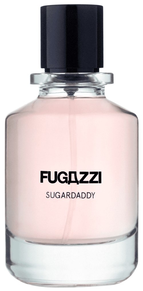 Eine Glasflasche mit schwarzem Deckel, rosa Flüssigkeit, beschriftet 'FUGAZZI SUGARDADDY'.