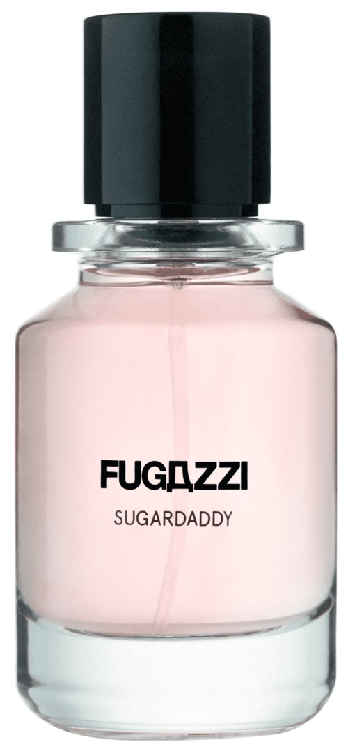 Ein Parfümflasche mit rosa Flüssigkeit, schwarzem Deckel und dem Namen "FUGDZZI SUGARDADDY".