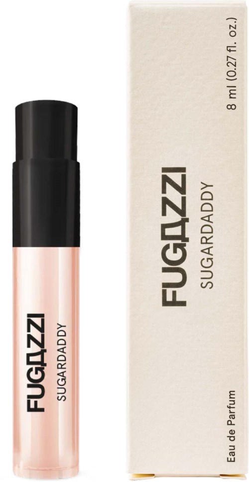 Kleine Parfümpflege mit rosa Flüssigkeit neben weißer Box mit 'FUGAZZI SUGAR DADDY' und 'Eau de Parfum' Beschriftung.