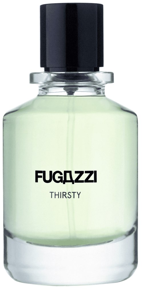 Eine klare Glasflasche mit schwarzem Deckel, beschriftet 'FUGAZZI THIRSTY', mit hellgrüner Flüssigkeit.