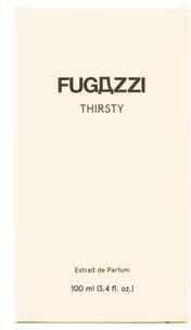 Fugazzi Thirsty Parfümkarte, einfache weiße Hintergrund mit schwarzem Text, enthält 100 ml.