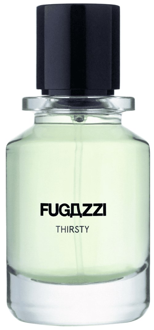 Kleine Parfümflasche mit schwarzen Deckel, beschriftet 'FUGAZZI THIRSTY' mit hellgrünem Inhalt.